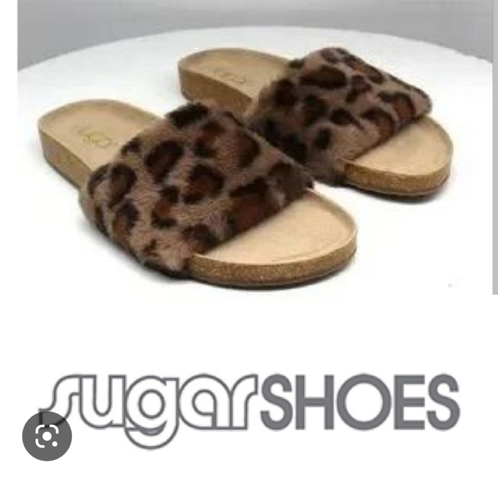 Sugar Leopard Print Fuzzy Slip on Slide Sandals 10M SGR-Bravoes